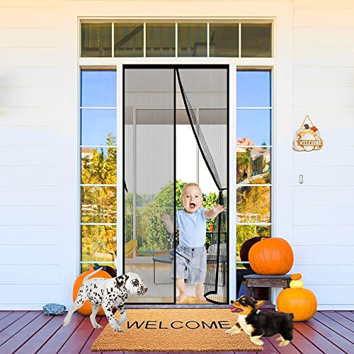 Fly Catcher Paper, 185 x 195 cm Screen Doors with Magnets Mesh Curtain Full Frame Hook&Loop, for Front Door Apartments and More, Hands Free【Black】