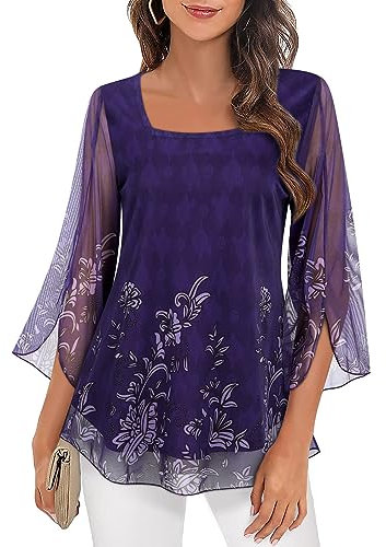 Syphiby Blouses & Shirts, Top Square Neck 3/4 Sleeve Chiffon Tops Longline Tops Tops Size 16 Double Layers Mesh Blouse Office Work Tunic Tops for UK Chic Tops, Floral Purple