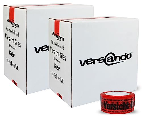 versando 72x geräuscharmes Packband Vorsicht Glas rot 66m Klebeband zum Verpacken von Paketen + Kartons - starke Klebekraft leise abrollend 72 Rollen (2 Karton)
