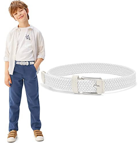 WHIPPY Kinder Gürtel Elastik Unisex Geflochtener elastischer Stretch Gürtel gewebter gürtel für Jungen und Mädchen Endspitze aus Leder mit Dornschließe, 3 cm breite,weiß 75cm