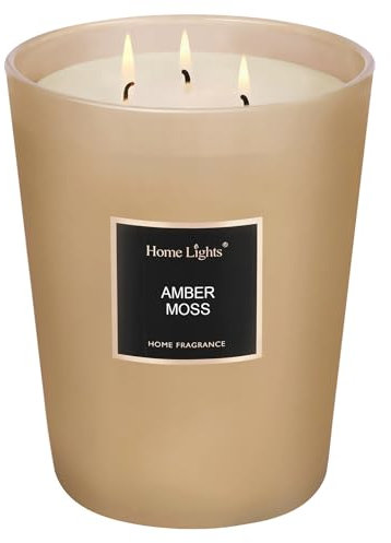 HomeLights Duftkerzen, 944 g, großes Glas, natürliche Soja-Kerzen, 3 Baumwolldochte, rauchfrei, langlebig, 130 Stunden, Aromatherapie-Kerze, Geschenk für Frauen und Männer, Bernsteinmoos