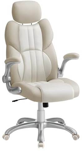 SONGMICS Office Chair, Ergonomic Gaming Chair, Adjustable Headrest, Tilt Function, Foldable Armrests, Swivel Castors, Adjustable Height, E-sports Chair, Cream White OBG065W12