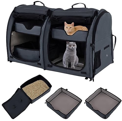 GYMAX Pet Carrier, Soft-sided Portable Cat Dog Travel Crate with 2 Removable Hammocks, 2 Compartments, Dual-use Mats, Litter Box and Carry Bag, Pet Kennel for Small to Large Sized Pets (Black)