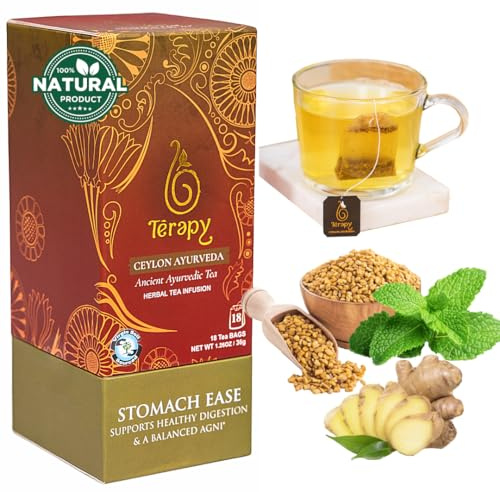 TERAPY Ceylon Stomach Ease Tea – Ayurvedic Herbal Tea for Healthy Digestion, Gut Health, Tummy Tea, Gas Relief, & Stomach Soothing – Relieves Bloating, Gas, Indigestion & Constipation – 18 Bags
