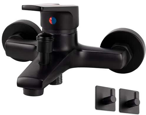 Badewannenarmatur Einhand Wannenmischer Aufputz Wannenarmatur Badewanne Wasserhahn für Badezimmer Brausearmaturen Messing Wannenbatterie Duscharmatur mit Umsteller (Schwarz+Haken)-No Handbrause