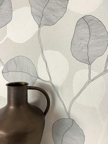 Newroom Tapete Grau Vliestapete Blätter - Mustertapete Floral Schwarz Weiß Pflanzen Natur Romantisch Idyllisch inkl. Tapezier-Ratgeber