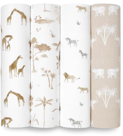aden + anais Puckdecke, 100% Bio-Baumwolle für Mädchen & Jungen, Baby Empfangende Pucksäcke, ideales Neugeborenes & Säugling Puckset, 4er-Pack, Safari Dream