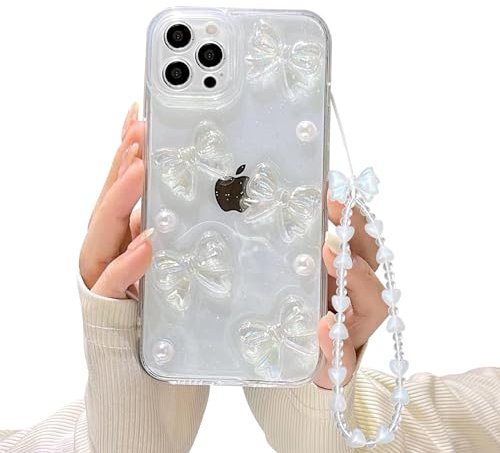 Ownest Compatible with iPhone 11 Pro Max Case with Clear Cute Bling 3D Bowknots Pearl Aesthetic Patterns for Women Teen Girls, Glitter Sparkle Back and Lens Protective Phone Case Cover + Chain