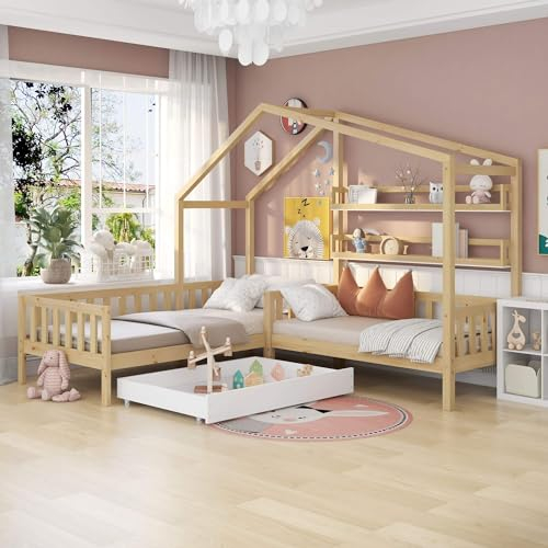 Kinderbett, Hausbett 90x200cm und 140x70cm, Massivholz Rausfallschutz Bett mit Schubladen und Ablage, L-Struktur, Baumhausbett und Lattenrost aus Stabiler Kiefernholz, für 2 Kinder Doppelbett, Natur