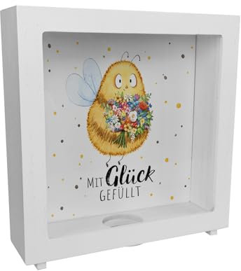 Pummel Biene Rahmen Spardose aus Holz mit Spruch Mit Glück gefüllt Frühlingszauber Hummel-Design Glückliche Blumen-Deko sparen Weltspartag Urlaubsgeld