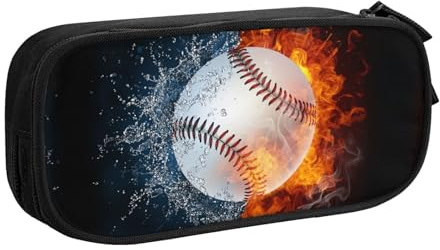Federmäppchen für Kinder und Jungen, mit Baseball- und Wasserfeuer-Druck, tragbares Federmäppchen mit Reißverschluss, schwarze Reisetasche, Schreibtisch-Organizer für Schule, Bürobedarf