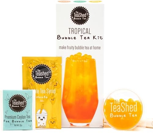 Tropical Bubble Tea Kit | Fruit Boba Tea Set Includes Mango Syrup, Passion Fruit Popping Boba, Tea Bag and Paper Straw | by THE TEASHED