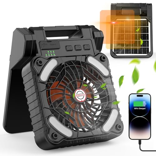 iYeHo Ventilatore da campeggio a energia solare con lanterna, 10400 mAh, a batteria ricaricabile, portatile, timer e ventilatore ecologico, per campeggio, pesca, interruzioni di corrente