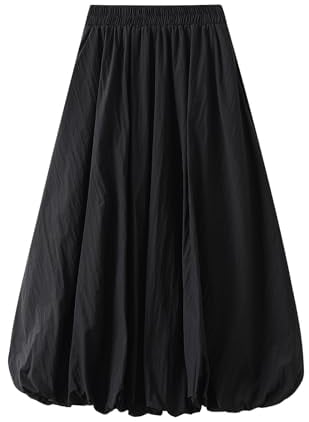 FeMereina Falda larga Y2K Bubble para mujer, falda larga de globo, elegante cintura alta, plisada, acampanada, casual, dobladillo con volantes, faldas fluidas, Negro, Talla única