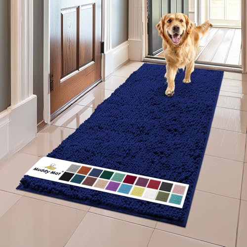 Muddy Mat® AS-SEEN-ON-TV Highly Absorbent Microfiber Dog Door Mat and Pet Rug, Non Slip Thick Washable Area and Bath Mat Soft Chenille for Kitchen Bathroom Bedroom and Indoor- Navy Blue Runner 59X24