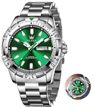 OLEVS Silber Herrenuhren Edelstahl mit Datum Quarz Analog Uhr Herren Leuchtend Grün Großes Herren Uhr Metallarmband Wasserdicht Herren Armbanduhr Lässig Schöne Geschenke Handgelenk Watch für Männer