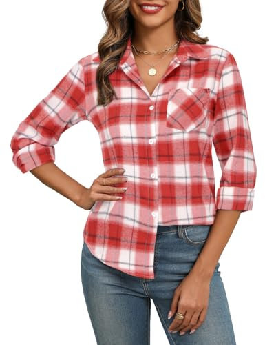 Zeagoo Chemise Femme a Carreaux Manche Longue Chemisier Chic et élégant Blouse Shirt Tunique Col en V Chemisiers Décontracté Bouton Down Haut Chaude Hiver Automne Rouge Blanc S