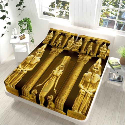 Kinder Spannbettlaken Set 140x200cm Ägyptische Kunst Sphinx Muster Spannbetttuch Weiche Atmungsaktiv Microfaser mit 2 Kissenbezug, Spannbetttücher für bis 25-30 cm Matraze