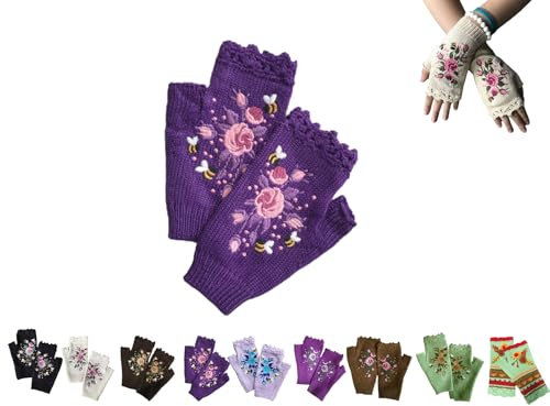 Handgestickt Fingerlose Handschuhe Damen Winter Blumen Stickerei Armstulpen Pulswärmer Strick Handstulpen Kurz Gestrickte Halb Fäustlinge Handwärmer (05)