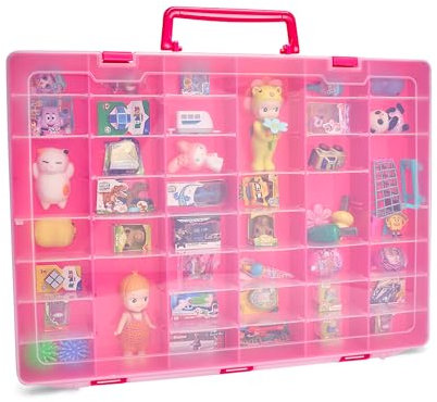 AISLE 3 ESSENTIALS Plastic Toy Storage Case for Mini Toys, Collectibles, Small Candy, Shopkins Toys, Hot Wheels Cars, LOL Dolls, Matchbox Cars, Adjustable Compartments, Adult Collectors (Pink)