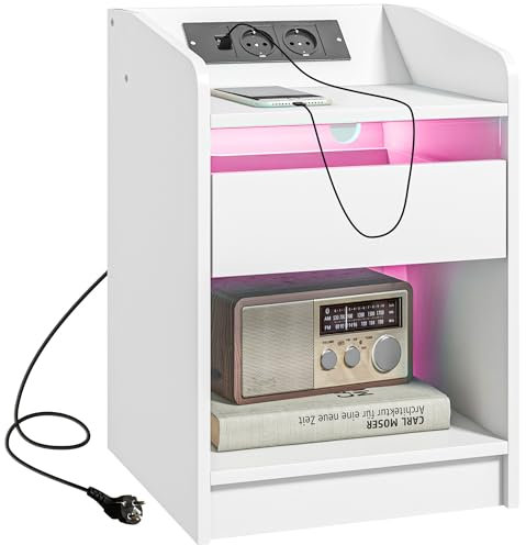 HOMCOM Mesita de Noche Mesilla de Noche con Luces LED Mesa de Noche con Cajón Estante Estación de Carga Puertos USB y Control Remoto 40x40x58 cm Blanco