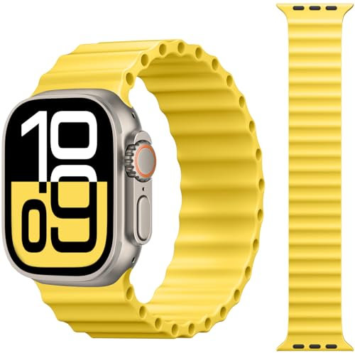 CeMiKa Correa Loop Solo Deportiva Oceán Compatible con Correa Apple Watch de 49mm 46mm 45mm 44mm 42mm, Pulsera Silicona Suave Diseñada para iWatch Ultra 2 Ultra Series 10 9 8 7 6 5 4 3, Amarillo