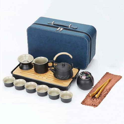 Juego de tetera con infusor Webao, juego de te de porcelana, tetera china de viaje y 6 tazas, asa de cuerda de cáñamo, juego de té para té suelto, regalo para amantes del té, negro