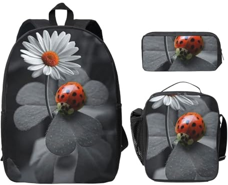 FEYUNYAN Schulrucksack Mädchen Jungen Ladybug Blumen Druck Schultasche 3er Set 15 Zoll Laptop Rucksack Isolierte Lunchtasche Federmäppchen Mittelschule für Teen Jugend Studenten, Marienkäfer-Blumen