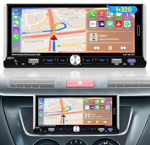 NHOPPEW Radio de Coche Android con Carplay inalámbrico y Android Auto -6,9 Pulgadas de Pantalla táctil Radio Soporte WiFi GPS Navegación Espejo Enlace Control de Volante + AHD Cámara de Seguridad