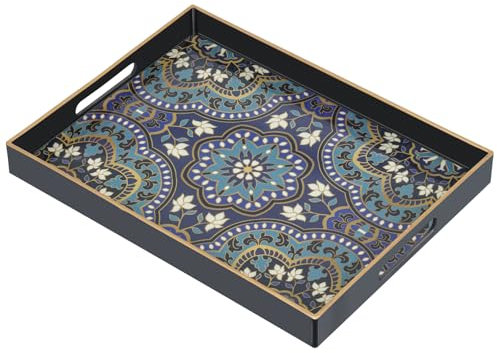 Serving Tray, Boho Plastic Food Trays for Eating on Lap Decorative Coffee Tray with Handles Rectangular Non-slip Candle Plate, 40x30x4 cm Large Drinks Platter for Kitchen/Living Room/Bedroom/Party