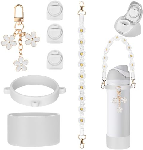 Mity rain White 32oz Water Bottle Replacement Parts Set for Owala FreeSip - Includes Replacement Top Lid Gasket Stoppers, Handle Strap, Boot and Charms Accessories