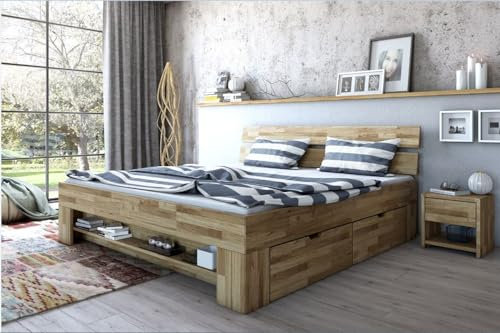 möbelando Massivholzbett >Link< 4 Bettkästen, Regal im Fußteil, 2-geteiltes Kopfteil, Wildeiche massiv geölt, Liegefläche 140x200cm, ideal für Jugend- & Gästezimmer - 145x88x215 (BxHxT)