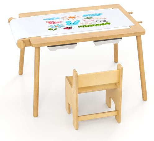 GYMAX Kids Sensory Table and Chair Set, Wooden Toddler Activity Table with Paper Roll & Foldable Bins, Children Sand and Water Table for 2-8 Years Old