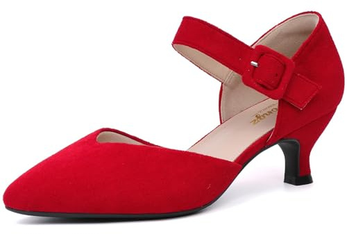 RIBONGZ Comfortable Kitten Heels for Women Pointed Closed Toe Ankle Strap Buckle Heels Slip on Low Heel Church Pumps Wedding Bridal Party Dressy Shoes, Red, 10 UK