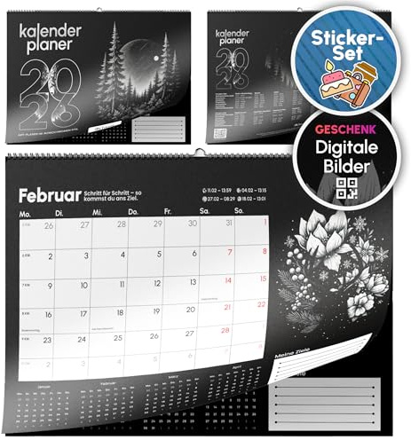 Wandkalender 2026 A4 Querformat E&G Klasse Erwachsene Schwarz Weiß 21x30 cm Kalender KW Mondphasen Feiertage Schuljahr Monatskalender Ferienplan Monochrom Monatsplaner (Schwarz Weiß, mit Sticker)