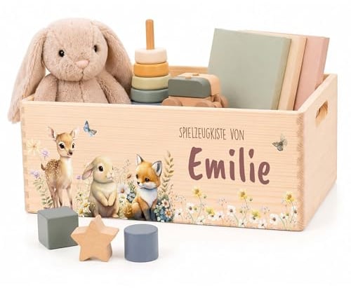 Kidsmood Holzkiste mit Wunschnamen – Stilvolle Spielzeugkiste für Baby- & Kinderzimmer | Ideale Aufbewahrungsbox für Kinder zur Spielzeug Aufbewahrung | Personalisierte Geschenke Baby - Reh-Hase-Fuchs