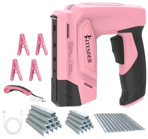 Pink Cordless Nail Gun with 2 Batteries & 2000 Nails - 2-in-1 Electric Nailer for Woodworking (1-1/4 Nails & 7/8 U-Shaped Crown Nails)