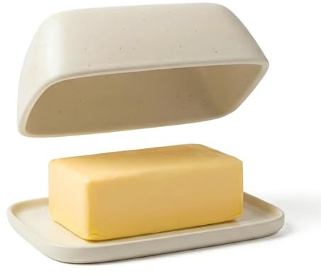 DEKAZIA® mantequillera cerámica gris beige recipiente mantequilla tapa | mantequera, quesera, caja, artesanal, diseño escandinavo, rústica