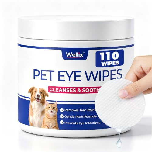 Wellix Cat & Dog Eye Wipes - Tear Stain Remover for Dogs Eyes - 110 Counts | Eye Wipes for Dogs & Cats. Pet Grooming Wipes for Gunky Eyes, Wrinkles & Face. Extra-large 3.15-inch Sheets