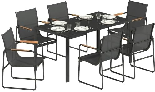 Outsunny Gartenmöbel Set Sitzgruppe 150 x 80cm Glastisch Schwarz | 6 Atmungsaktiven Stühlen, Dekorative Armlehnen, Wetterfest, Essgruppe Gartenset Gartengarnitur, für Garten Balkon Terrasse