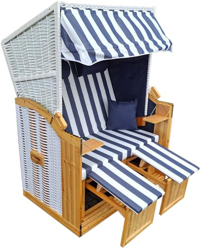 Vaiko Strandkorb Vollieger Ostsee Nordsee XXL120cm breit verstellbar PE Geflecht Markisenstoff (Grau Weiß Weiß)