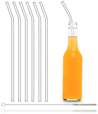 HALM Glas-Strohhalme Wiederverwendbar Trinkhalm - 6 Stück gebogen 30 cm für Stanley Cup Quencher Tumbler + plastikfreie Reinigungsbürste Spülmaschinenfest - Glastrinkhalme für Trinkflaschen
