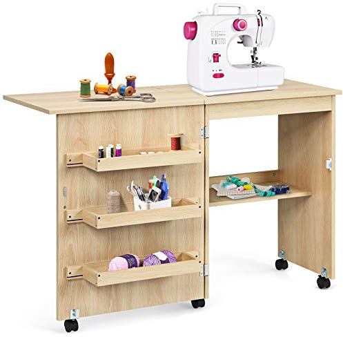 GOPLUS Nähtisch Faltbar, Nähmaschinentisch auf Rollen, Nähschrank Nähmaschinenschrank Computertisch Schreibtisch Arbeitstisch (Natur)