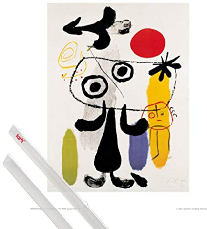 1art1 Joan Miró Kunstdruck (50x40 cm) Figur Gegen Rote Sonne II (c) + EIN Paar Posterleisten, Transparent