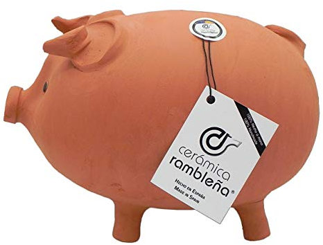 CERÁMICA RAMBLEÑA | Hucha Cerdito de Barro Rojo Tradicional | Hucha Infantil | 100% Hecho a Mano | 27x17x19 cm
