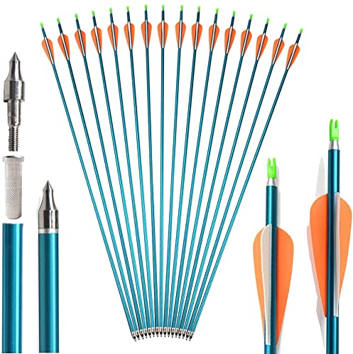 SHARROW 12 Aluminium Pfeile 32 Zoll Pfeile für Bogenschießen Spine 500 Jagd Bogen Pfeile Jagdpfeile mit Kunststoffbefiederung für Pfeil Und Bogen Recurvebogen Compoundbogen Langbogen (Blau)