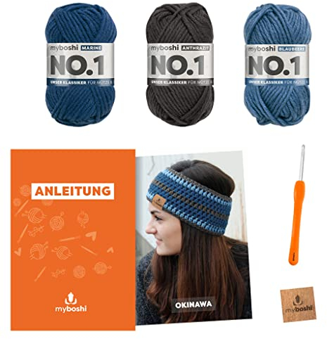 myboshi Häkelset Stirnband Okinawa, inkl. No.1 Wolle, Nadel und Anleitung, für Mützen und Strinbänder, Häkelpaket, 30% Merinowolle Blau, Grau mit Rundstricknadel