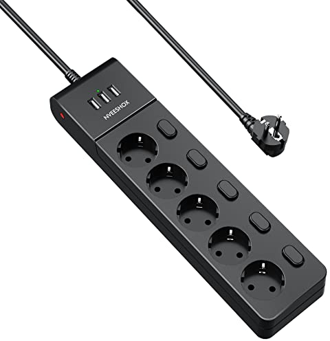 NVEESHOX Steckdosenleiste Einzeln Schaltbar, 5 Fach Mehrfachsteckdose mit 3 USB, Steckdosenleiste überspannungsschutz, Mehrfachsteckdose mit USB, 2M Kabel, Verteilersteckdose für Hause, Büro, Küche