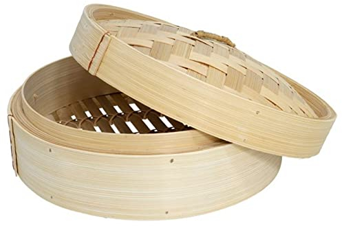 Tradineur - Vaporera de bambú con tapa, cesta de vapor para dim sum, arroz, verduras, carne, recipiente tradicional para cocción al vapor (Ø 25 cm)