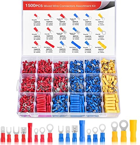 Nilight 1500pcs Mixed Quick Disconnect Crimp Connector Butt Splice Ring Fork Spade Bullet Piggy Back Assortment Kit 22-10 AWG Insulated Wire Terminal for Automotive Wiring